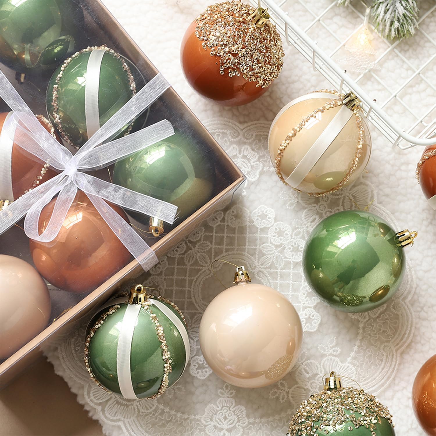 12 Pcs Christmas Ball Ornaments Set Brown Green Champagne Luxury Neutral Shatterproof Christmas Tree Decorations 3.15 Inch Glittering Decorative Hanging Ornament Bulk for Xmas Tree Holiday Party Decor